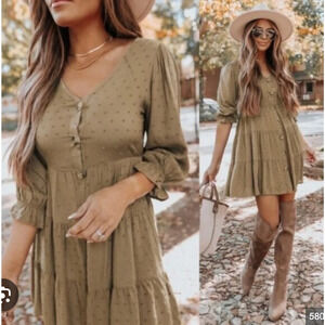 Anthropologie By the River Size Large Dress - Tan Brown Tiered Eyelet Buttoned